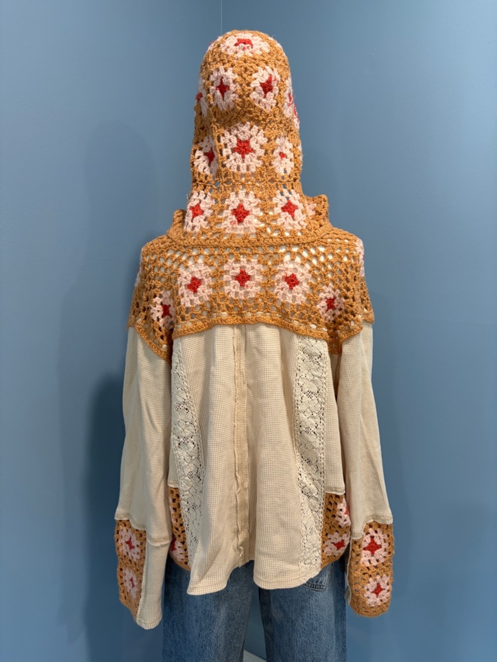POL Crochet Patchwork Hoodie Top Boho Free People Style Thermal Lace Medium - Picture 5 of 8
